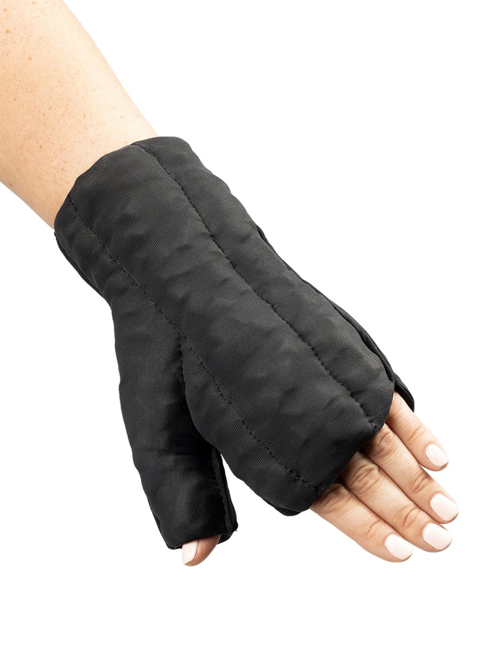Woman wearing the Sigvaris MEDAHAND lymphedema garment in BLACK